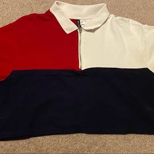 Polo top, red white and navy blue.